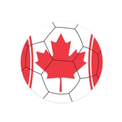 Soccer Ball Peel N Place - Canada (Pack of 12) Canada soccer decorations, Canadian peel and place decals, maple leaf soccer décor, white and red soccer decals, thin plastic wall decals, 5¼ inch soccer stickers, Party Express Canada decorations, international soccer party supplies