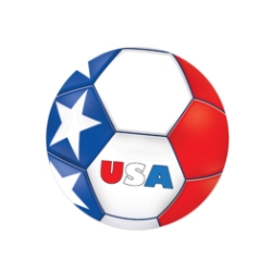 Soccer Ball Peel N Place - United States (Pack of 12) USA soccer decorations, United States peel and place decals, patriotic soccer décor, red white blue soccer decals, USA stars decals, thin plastic wall decals, 5¼ inch soccer stickers, Party Express USA decorations, international soccer party supplies