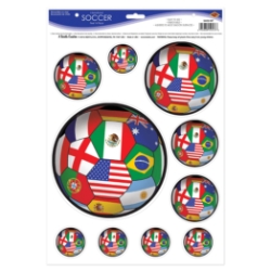 Soccer Peel N Place - International (Pack of 12) international soccer decorations, soccer peel n place international, world cup party décor, global soccer decals, international flag soccer balls, reusable soccer stickers, sports party decorations, international themed party supplies, soccer wall decals, world soccer party
