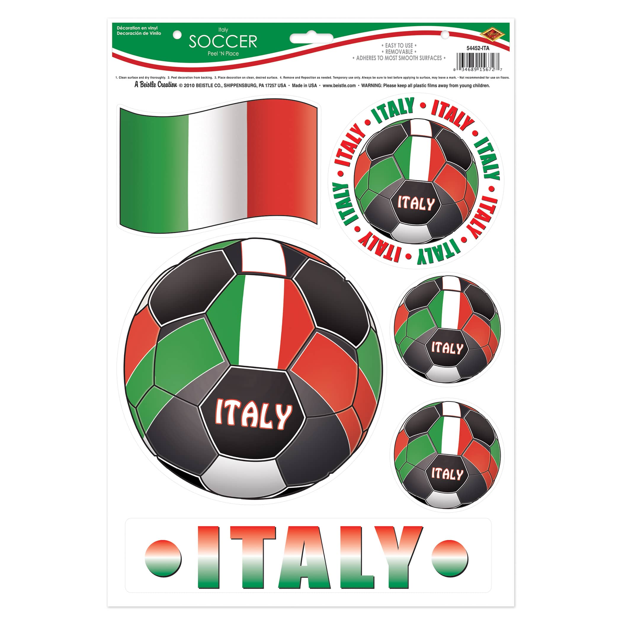 Soccer Peel N Place - Italy (Pack of 12) italy soccer decorations, soccer peel n place italy, italian soccer decals, italy party supplies, italian themed décor, reusable soccer stickers, italy fan gear, soccer wall decals italy, sports party decorations, italy soccer party