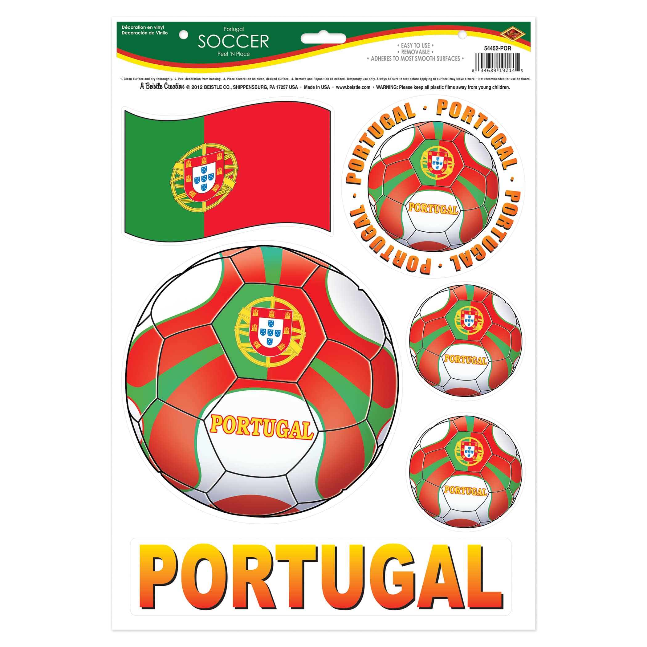 Soccer Peel N Place - Portugal (Pack of 12) portugal soccer decorations, soccer peel n place portugal, portuguese soccer decals, portugal party supplies, portuguese themed décor, reusable soccer stickers, portugal fan gear, soccer wall decals portugal, sports party decorations, portugal soccer party