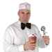 man wearing soda jerk hat and a black bow tie holding a milkshake and ice cream scooper