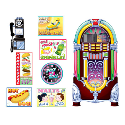  Soda Shop Signs & Jukebox Props with a jukebox and wall phone printed on thin plastic material.