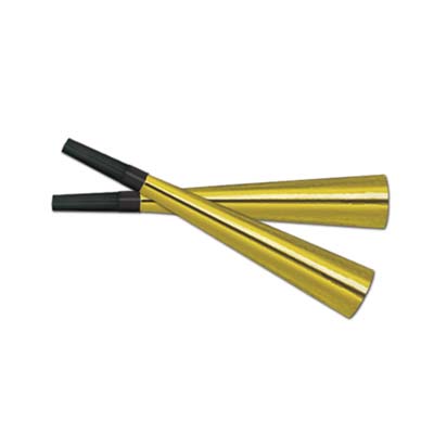 Gold foil party horns with a black plastic mouth piece. 