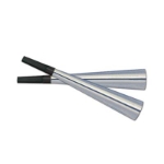 Silver foil party horn with a black mouth piece. 