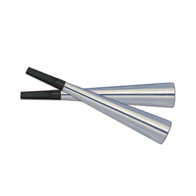 Silver foil party horn with a black mouth piece. 