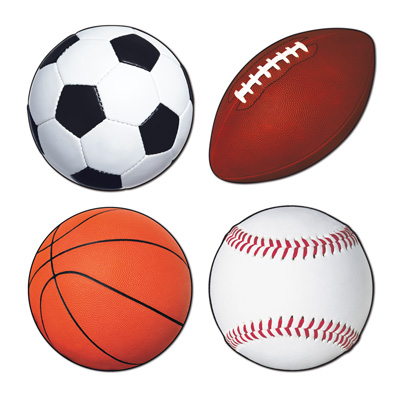 Sports Cutouts of a soccer ball, football, basketball and baseball.