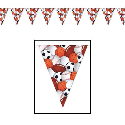 Sports Pennant Banner with pennants that is printed with soccer balls, baseballs, basketballs, and footballs.