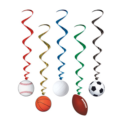 Assorted colored metallic whirls with sports ball icons attached.