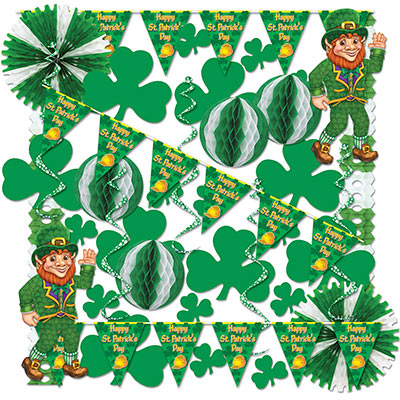 St. Patricks Day decorating kit with banner, green shamrocks, leprechauns, and more.