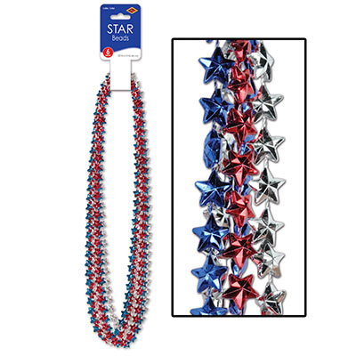 Party beads in the shape of stars and colors of red, white and silver.