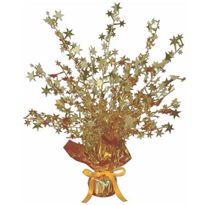 Metallic centerpiece with is bursting with gold stars and weighted bottom.