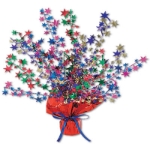 Metallic centerpiece with is bursting with multi-color stars and weighted bottom.