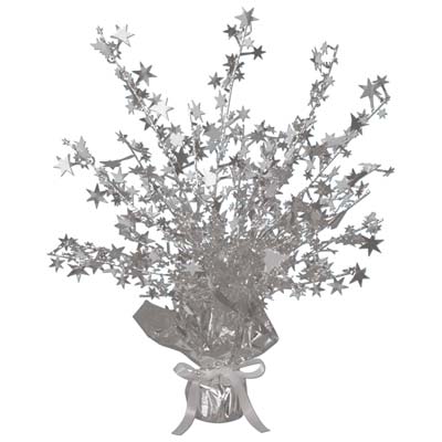 Metallic centerpiece with is bursting with silver stars and weighted bottom.