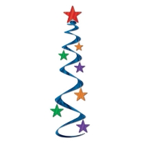 Blue metallic whirl with red star at the top and orange, green and purple stars flowing down the sides.
