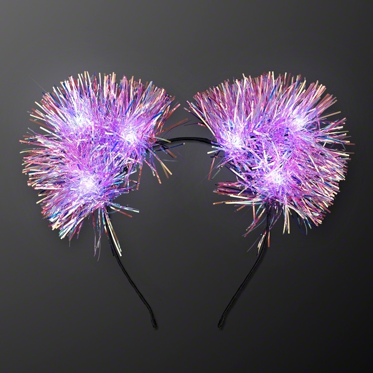 Still-Light Sparkle Iridescent Pom Ears (Pack of 12) iridescent pom ears, LED pom ear headband, light up tinsel headband, glowing party headband, LED costume accessories, sparkle pom ears, light up festival headband, Party Express LED headband, iridescent light up ears, steady light pom headband