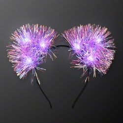 Still-Light Sparkle Iridescent Pom Ears (Pack of 12) iridescent pom ears, LED pom ear headband, light up tinsel headband, glowing party headband, LED costume accessories, sparkle pom ears, light up festival headband, Party Express LED headband, iridescent light up ears, steady light pom headband