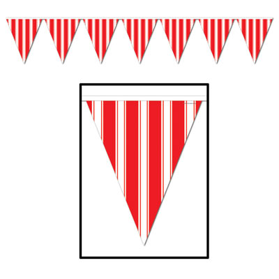 Pennant banner with red and white circus like stripes.