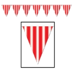 Pennant banner with red and white circus like stripes.