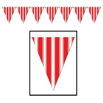 Pennant banner with red and white circus like stripes.