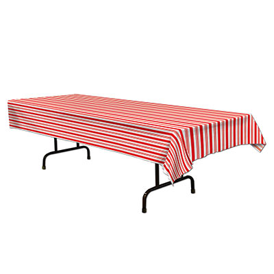 Table cover printed with stripes of white and red.