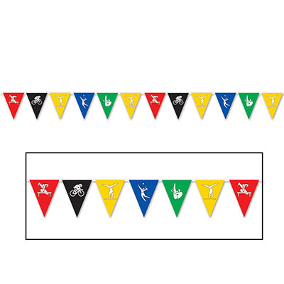 Pennant banners with assorted colors and printed sports images.