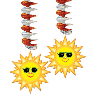 Orange and silver metallic dangler with a face cartoon sun attached.