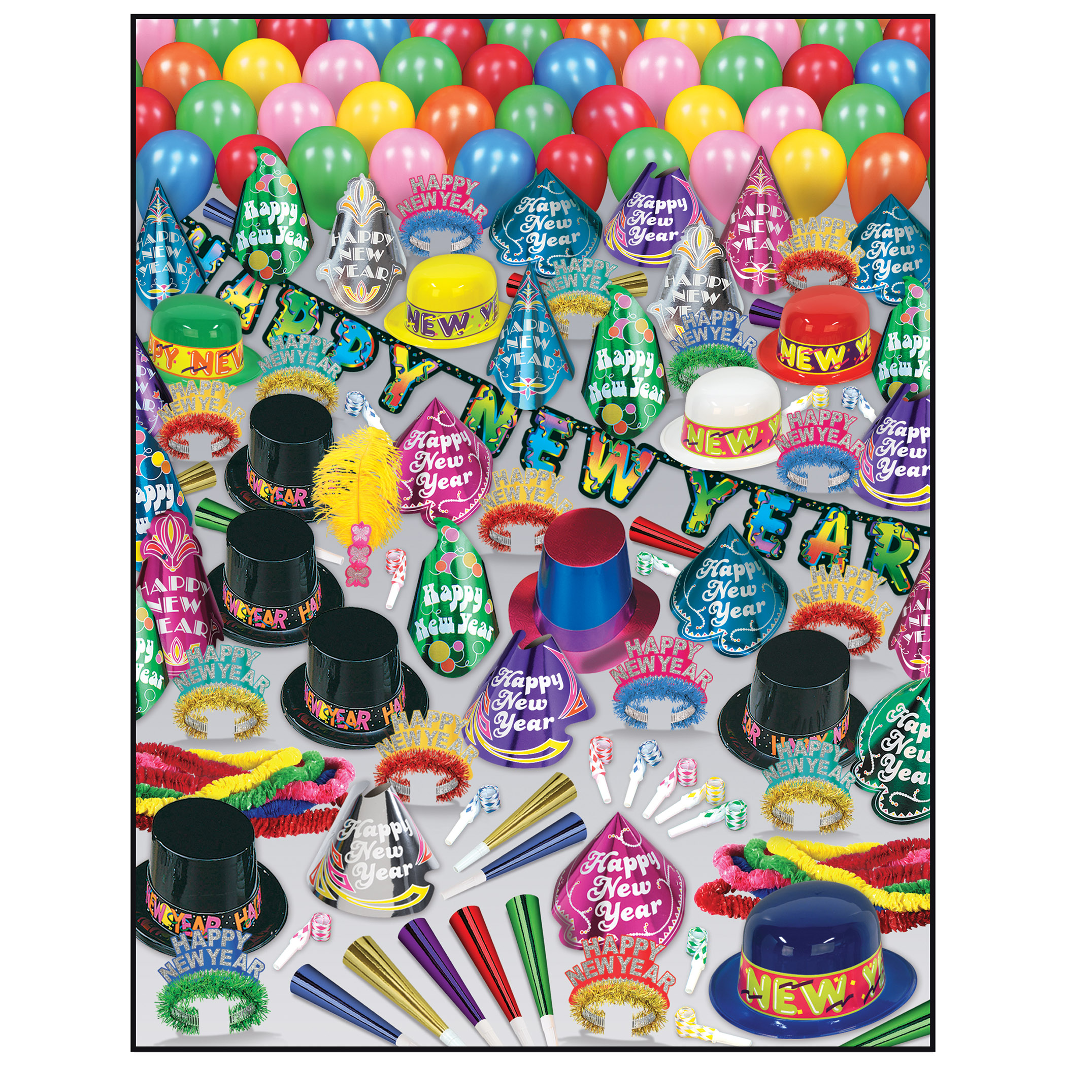 Super Bonanza - New Years Party Kit for 100 New Year’s Eve, New Year’s, party goods, party supplies, party kit, assortment, party hats, party horns, tiaras, streamer, banner, guests, decorations, balloons, noisemakers, party beads, glittered, for 100, multi-colored