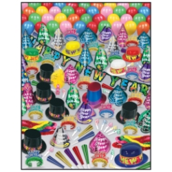 Super Bonanza - New Years Party Kit for 100 New Year’s Eve, New Year’s, party goods, party supplies, party kit, assortment, party hats, party horns, tiaras, streamer, banner, guests, decorations, balloons, noisemakers, party beads, glittered, for 100, multi-colored