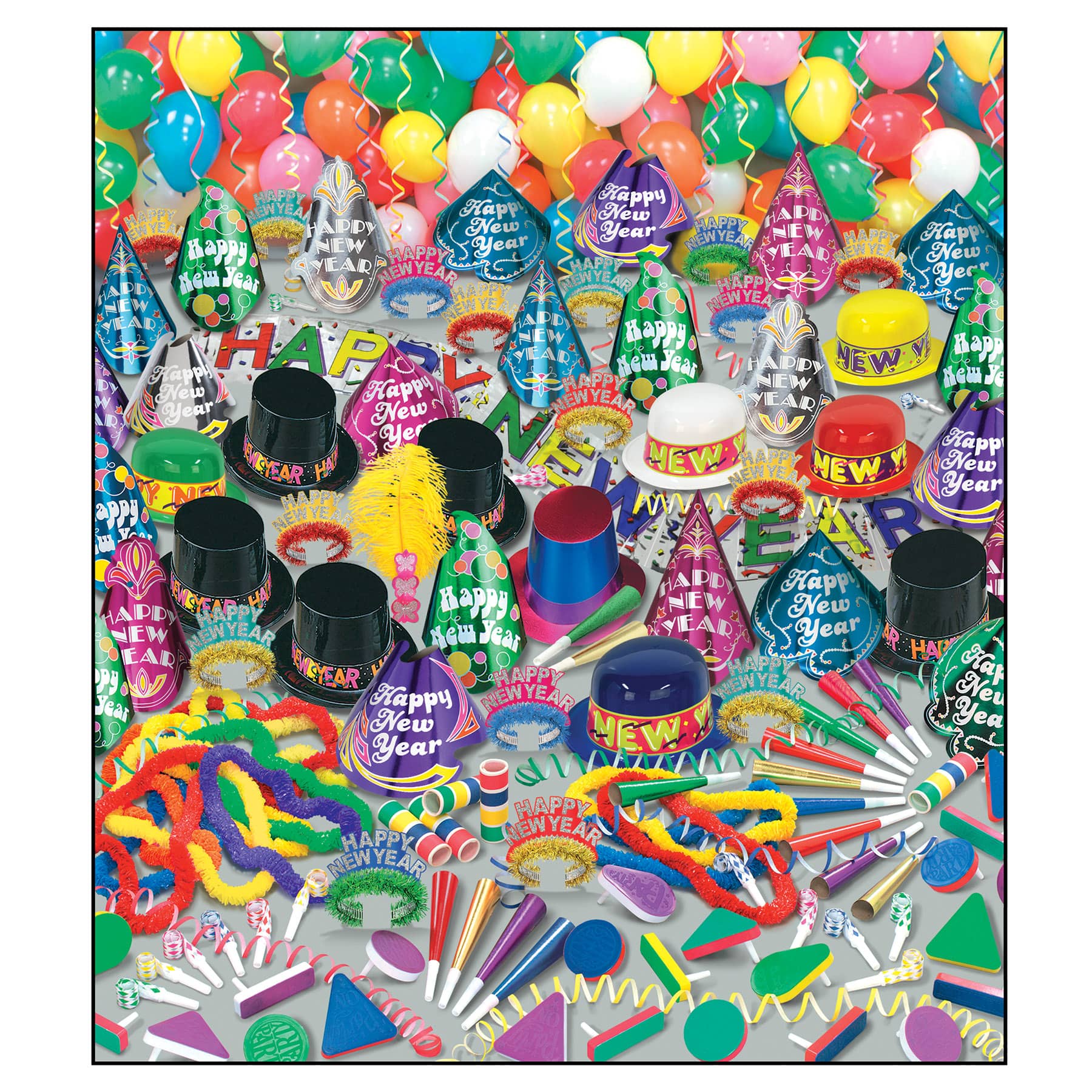 Super Bonanza - New Years Party Kit for 100 New Year’s Eve, New Year’s, party goods, party supplies, party kit, assortment, party hats, party horns, tiaras, streamer, banner, guests, decorations, balloons, noisemakers, party beads, glittered, for 100, multi-colored