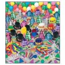 Super Bonanza - New Year's Party Kit for 100 New Year’s Eve, New Year’s, party goods, party supplies, party kit, assortment, party hats, party horns, tiaras, streamer, banner, guests, decorations, balloons, noisemakers, party beads, glittered, for 100, multi-colored