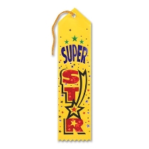 Super Star Award Yellow Ribbon with Red and blue lettering outlined in a black shooting star