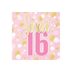 Sweet 16 Luncheon Napkins  (Pack of 192) sweet 16 beverage napkins, sweet sixteen party supplies, 2 ply drink napkins, pink gold birthday napkins, milestone birthday tableware, 16th birthday decorations, Party Express napkins