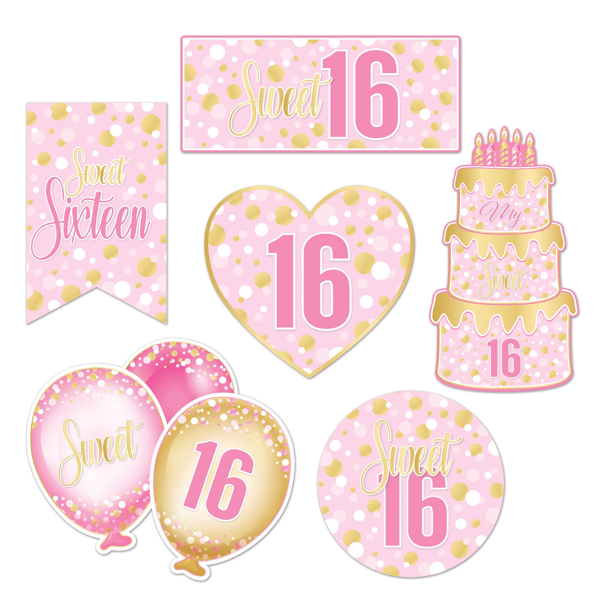 Sweet 16 Cutouts (Pack of 72) sweet 16 cutouts, sweet sixteen decorations, gold pink white party décor, double sided cardstock cutouts, 6 inch 12 inch cutouts, sweet 16 wall decorations, birthday party supplies, Party Express sweet 16 décor