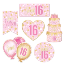 Sweet 16 Cutouts (Pack of 72) sweet 16 cutouts, sweet sixteen decorations, gold pink white party décor, double sided cardstock cutouts, 6 inch 12 inch cutouts, sweet 16 wall decorations, birthday party supplies, Party Express sweet 16 décor
