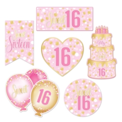 Sweet 16 Cutouts (Pack of 72) sweet 16 cutouts, sweet sixteen decorations, gold pink white party décor, double sided cardstock cutouts, 6 inch 12 inch cutouts, sweet 16 wall decorations, birthday party supplies, Party Express sweet 16 décor