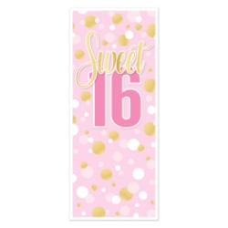 Sweet 16 Door Cover (Pack of 12) sweet 16 door cover, sweet sixteen decorations, gold pink white party décor, birthday door banner, all-weather door cover, sweet 16 entrance décor, party doorway decoration, Party Express sweet 16 supplies