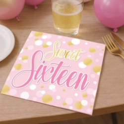 Sweet 16 Luncheon Napkins (Pack of 192) sweet 16 napkins, sweet sixteen party supplies, 2 ply luncheon napkins, pink gold birthday napkins, milestone birthday tableware, 16th birthday decorations, Party Express napkins