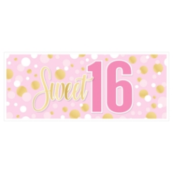 Sweet 16 Oversized Sign Banner (Pack of 12) sweet 16 banner, oversized sweet sixteen sign, gold pink white party décor, all-weather birthday banner, sweet 16 decorations, milestone birthday décor, large party banner, Party Express sweet 16 supplies