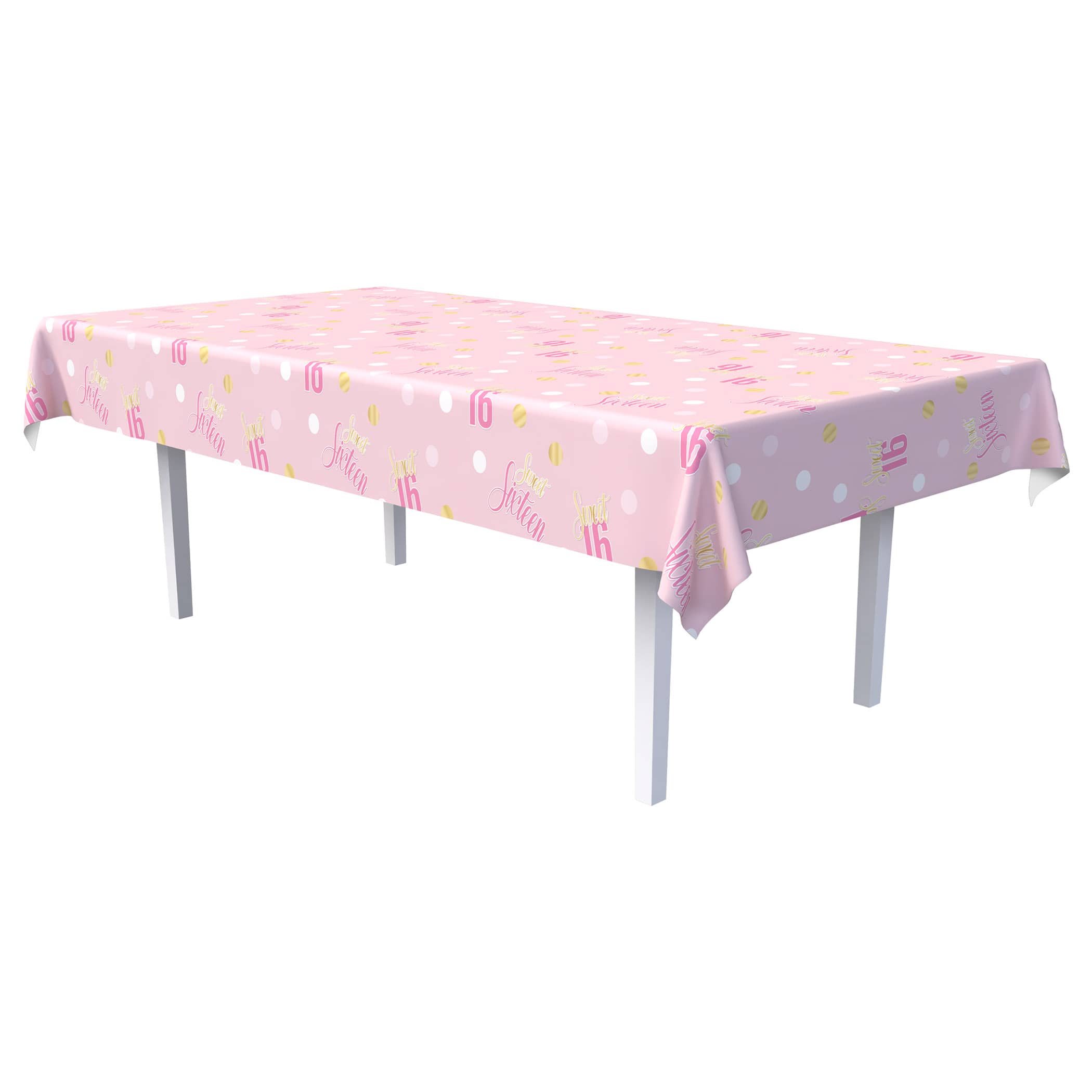 Sweet 16 Tablecover (Pack of 12) sweet 16 tablecover, sweet sixteen tablecloth, gold pink white tablecover, 54 x 108 tablecover, sweet 16 party supplies, milestone birthday decorations, plastic tablecover, Party Express tablecovers, pack of 12 tablecovers