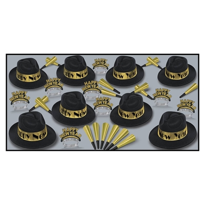 black and gold new year's eve fedora kit for 50 guests