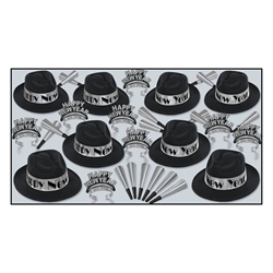 black and silver party kit for 50 people with 1920s style fedoras