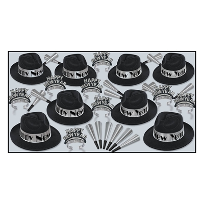 black and silver party kit for 50 people with 1920's style fedoras
