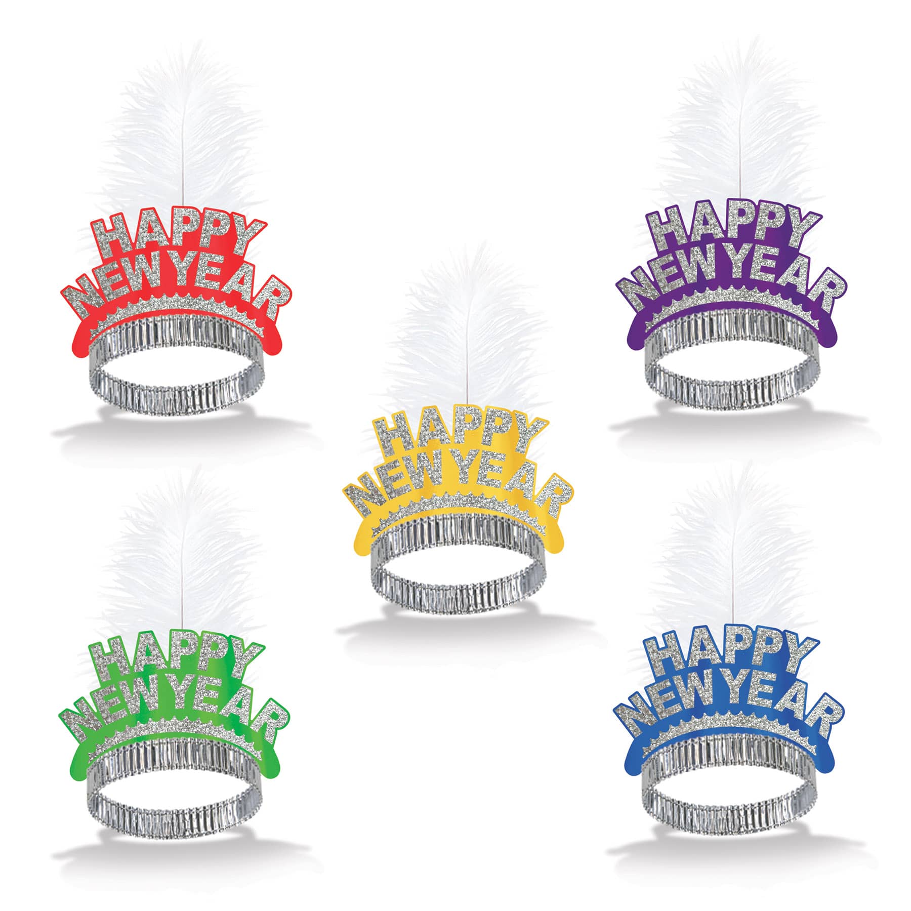 Blue, purple, yellow red and green tiaras with glittered accents and a white plume feather.