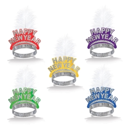 Blue, purple, yellow red and green tiaras with glittered accents and a white plume feather.