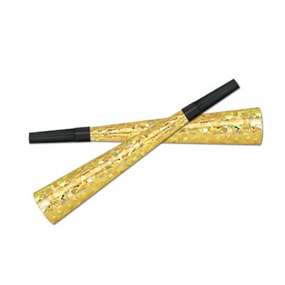 Gold Prismatic party horns with black plastic mouth piece. 