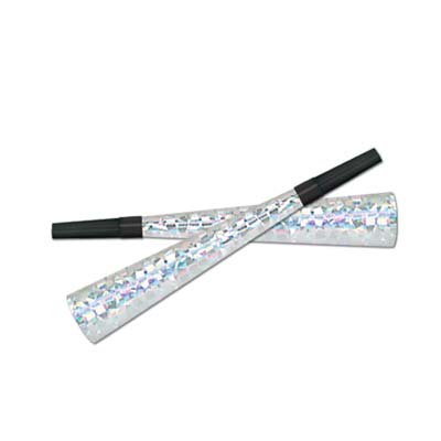 Silver prismatic party horns with black plastic mouth piece. 