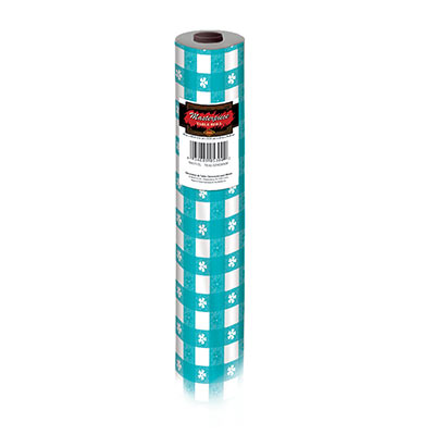 Gingham plastic table cover checkered in teal and white.