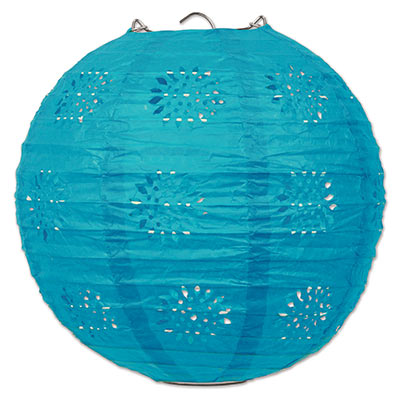 Lace patterned paper lantern that is blue in color.
