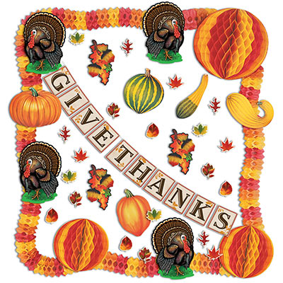 Thanksgiving Decorating Kit with Fall items and a banner that say "Give Thanks"in bold letters